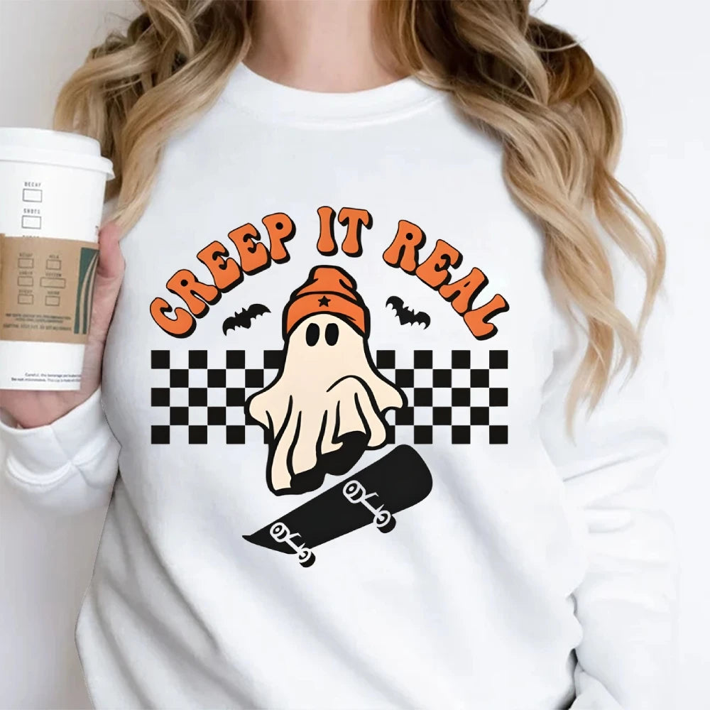 Retro Halloween Creep It Real Sweatshirts Ghost Skateboarding Graphic Sweater Top Fall Winter