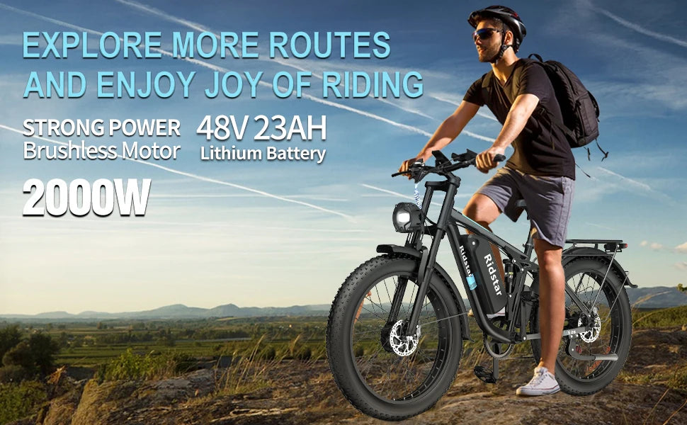 E-Bike 2000W 48V 23AH 26 Inch Fat Tire Dual Motor Hydraulic Brakes Full Suspension MTBike