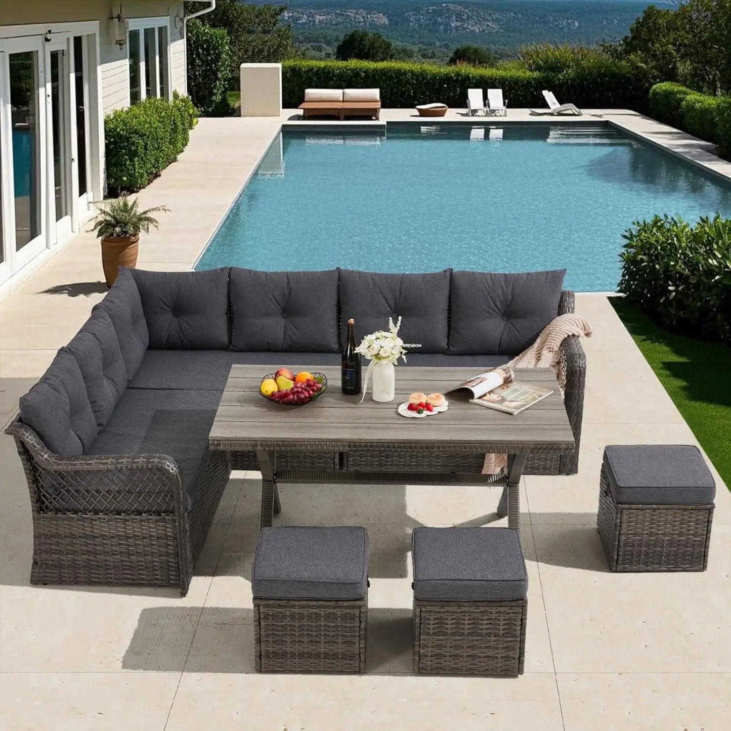 7 Pieces Patio Dining Set, Patio Dining Sets with HDPE Table & Chairs, Ottamans for Garden, Deck