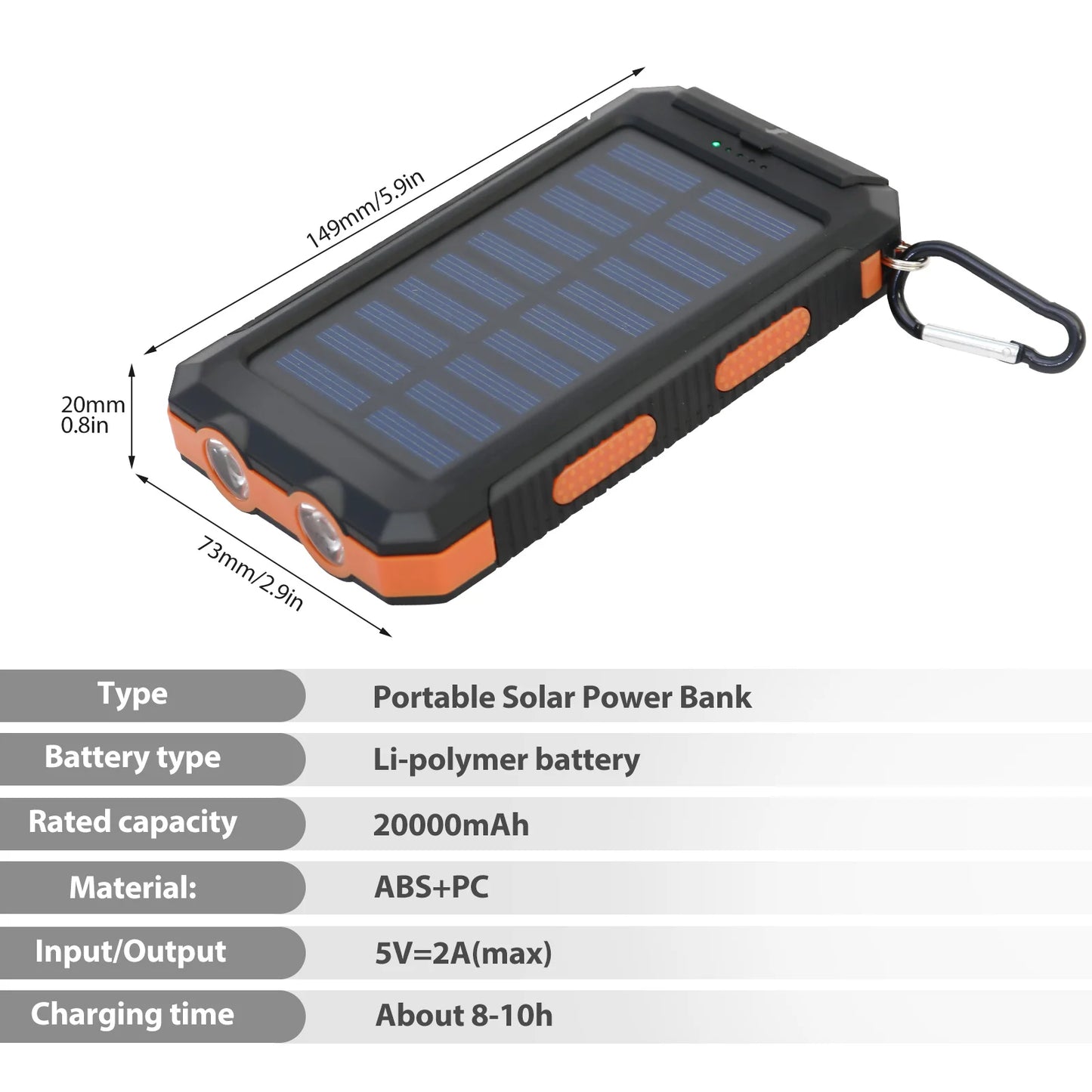 20000mAh Solar Power Bank Portable Charger Waterproof Dual 5V USB Ports 2 LED Light Flashlight Cell