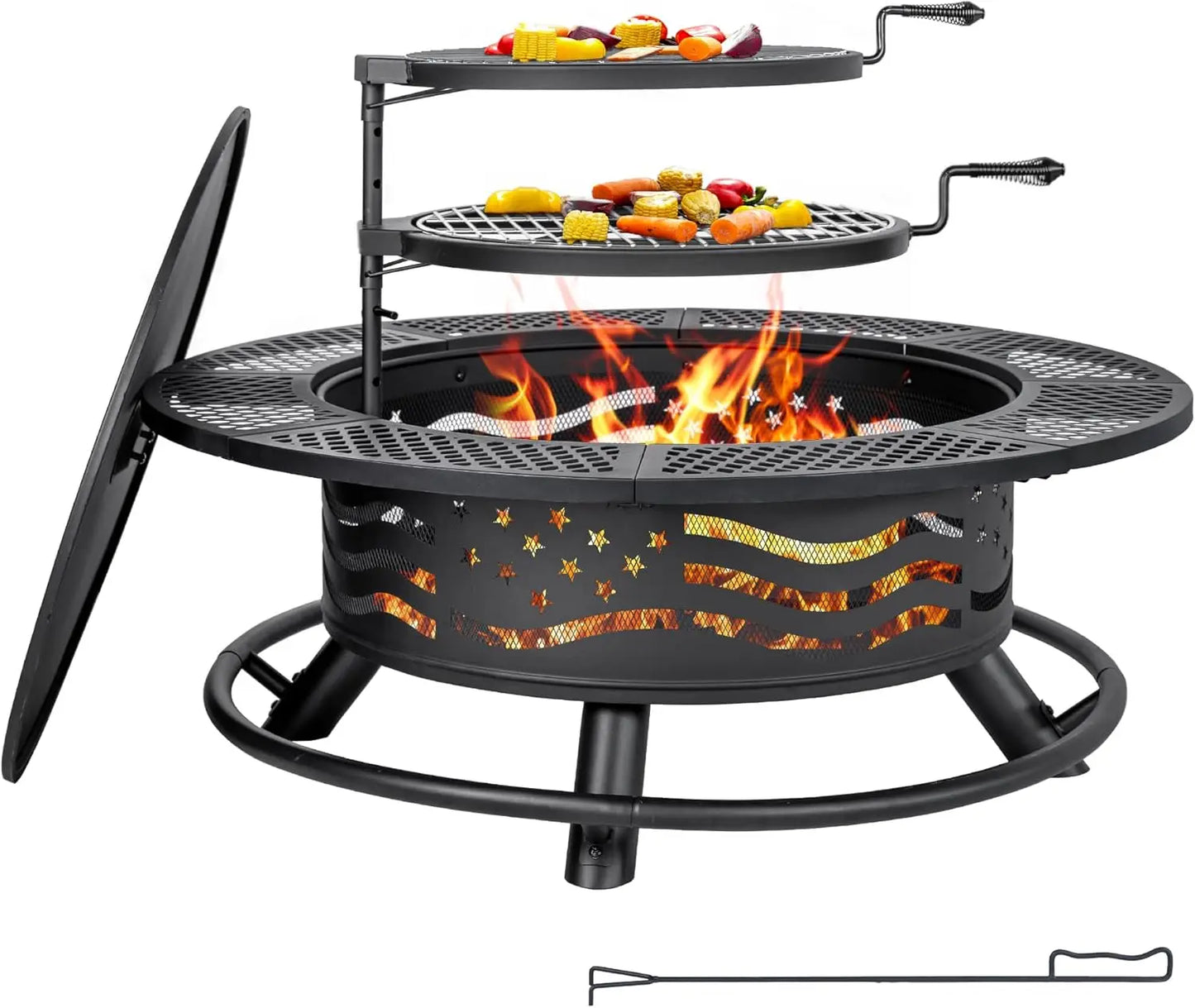42 Inch Fire Pit, 2 Cooking Grate, Outdoor Wood Burning BBQ Grill Firepit Cover Lid, Steel Rnd Table