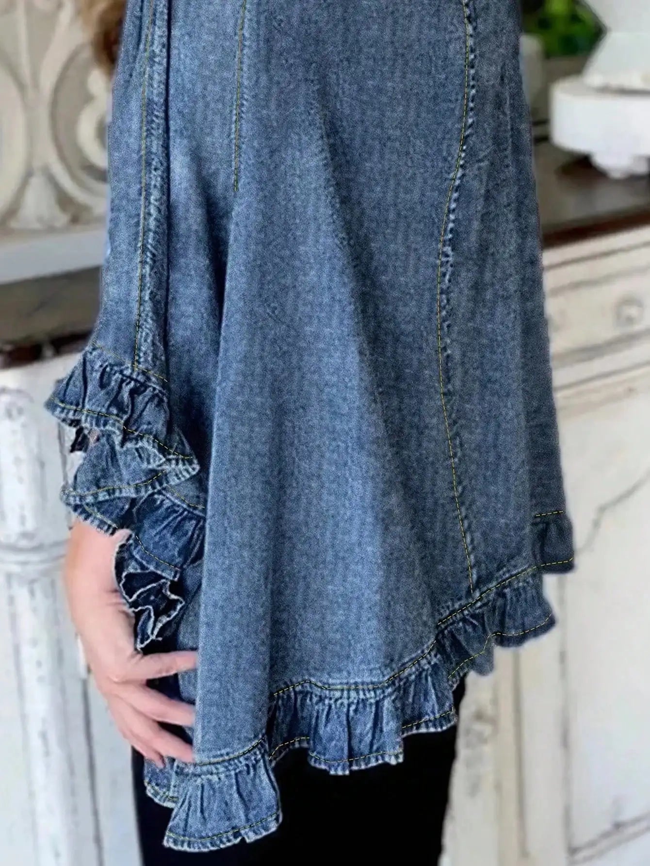 Women's Denim Jacket Ruffled Sleeves, Chic Open Front Lightweight| Fall & Spring Distressed Casual