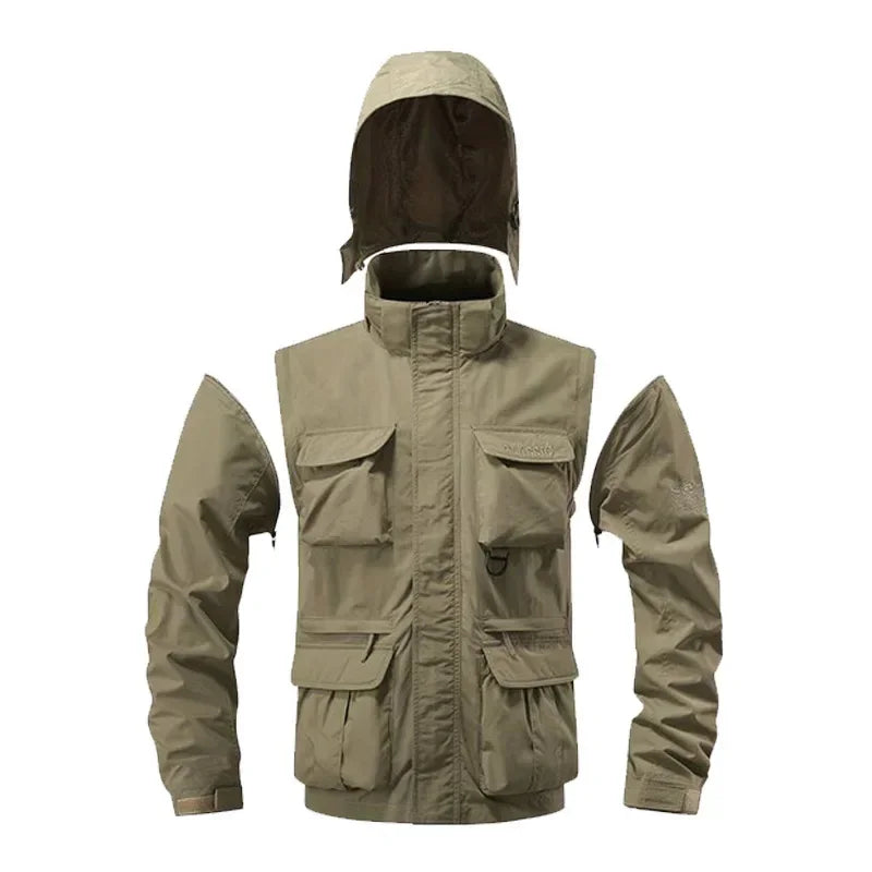 Men's Casual Waterproof Multi Bag Cargo Jacket Outdoor Detachable Windproof Hooded Jacket  Jacket