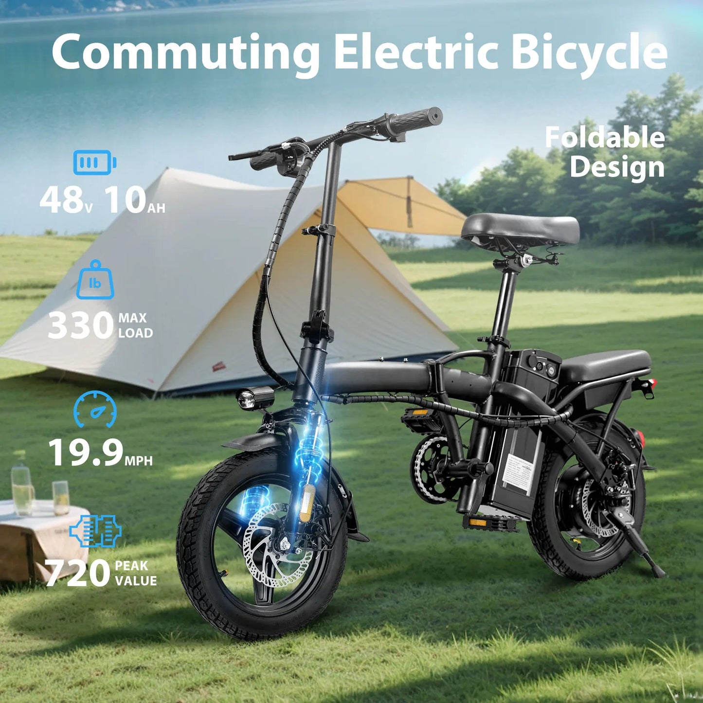 400W motor e-bicycle,foldable,seat, basket, 14 inch 48V 10.4Ah detachable battery, 22 mi-range 20MPH
