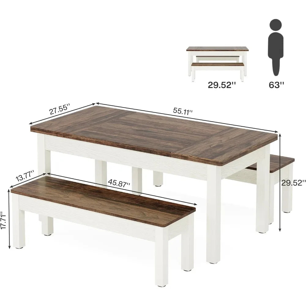 farmhouse table set, 4-6, 55-inch wooden table;benches, space saving 3 pieces heavy duty-indoor
