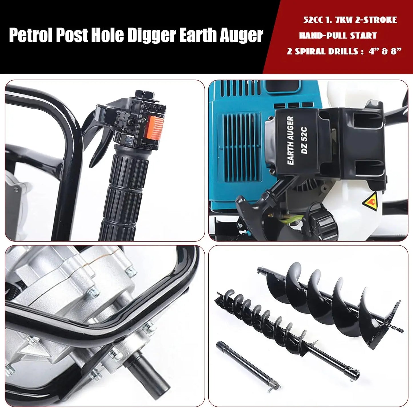 52CC Post Hole Digger 2-Stroke 2.3HP 1.7KW Gas Hole Digger,Earth Auger, 2 Drill Bits (4" & 8")