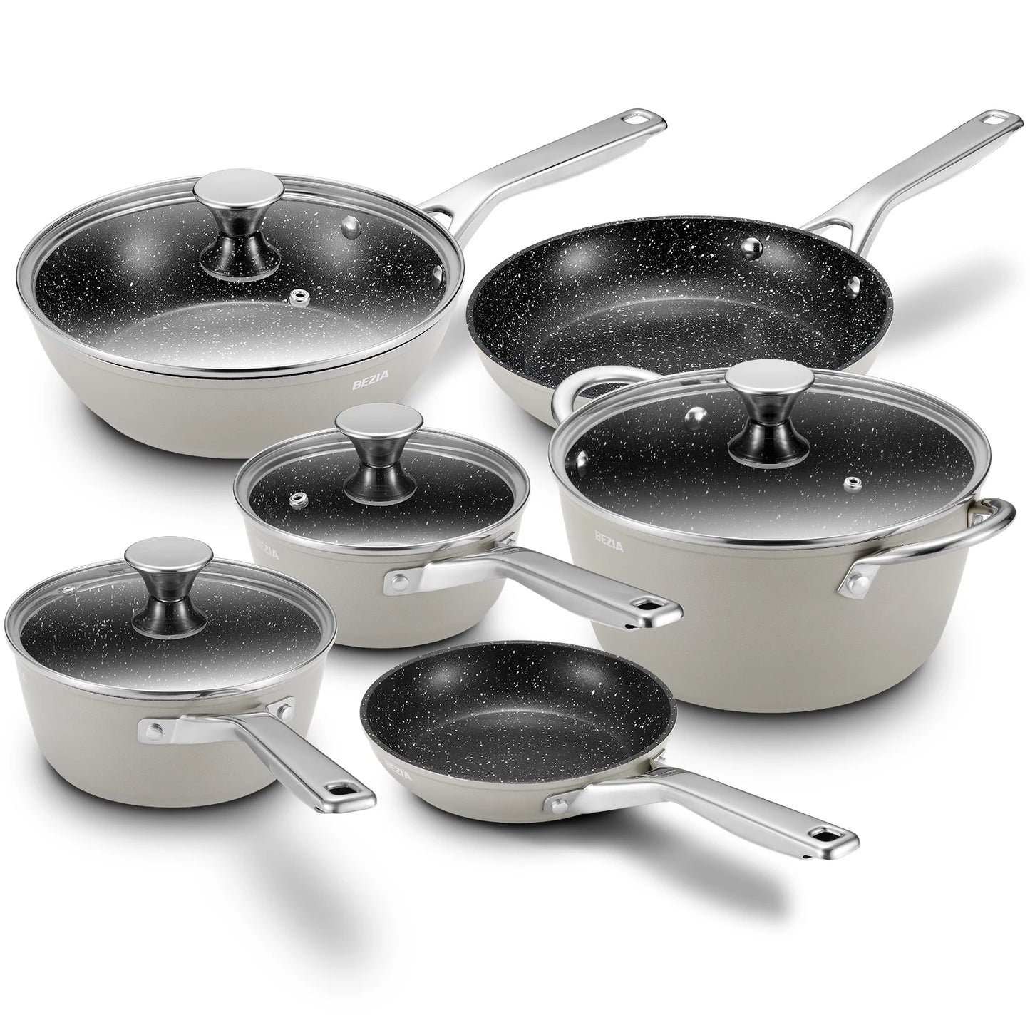 Induction Cookware Nonstick, 10-Piece, BEZIA Pots, Pans Set, Induction Cooktop, CompatibleAll Stoves