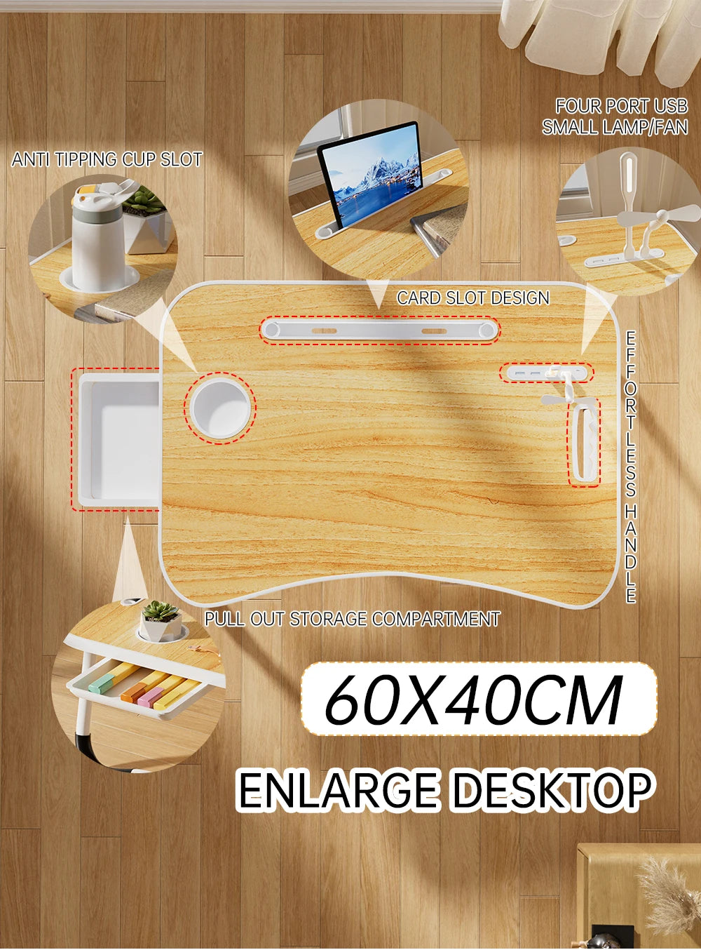 Portable Laptop Desk with USB Light, Small Fan, Cup Holder, laptop Slot, lifting Handle - Foldable