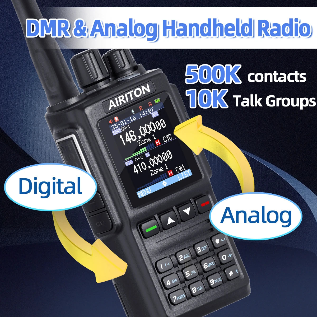 DM-168 Walkie Talkie AES256 Encryption DMR Digital/ Analog Dual Band FM, AT-D168UV USB-C charging