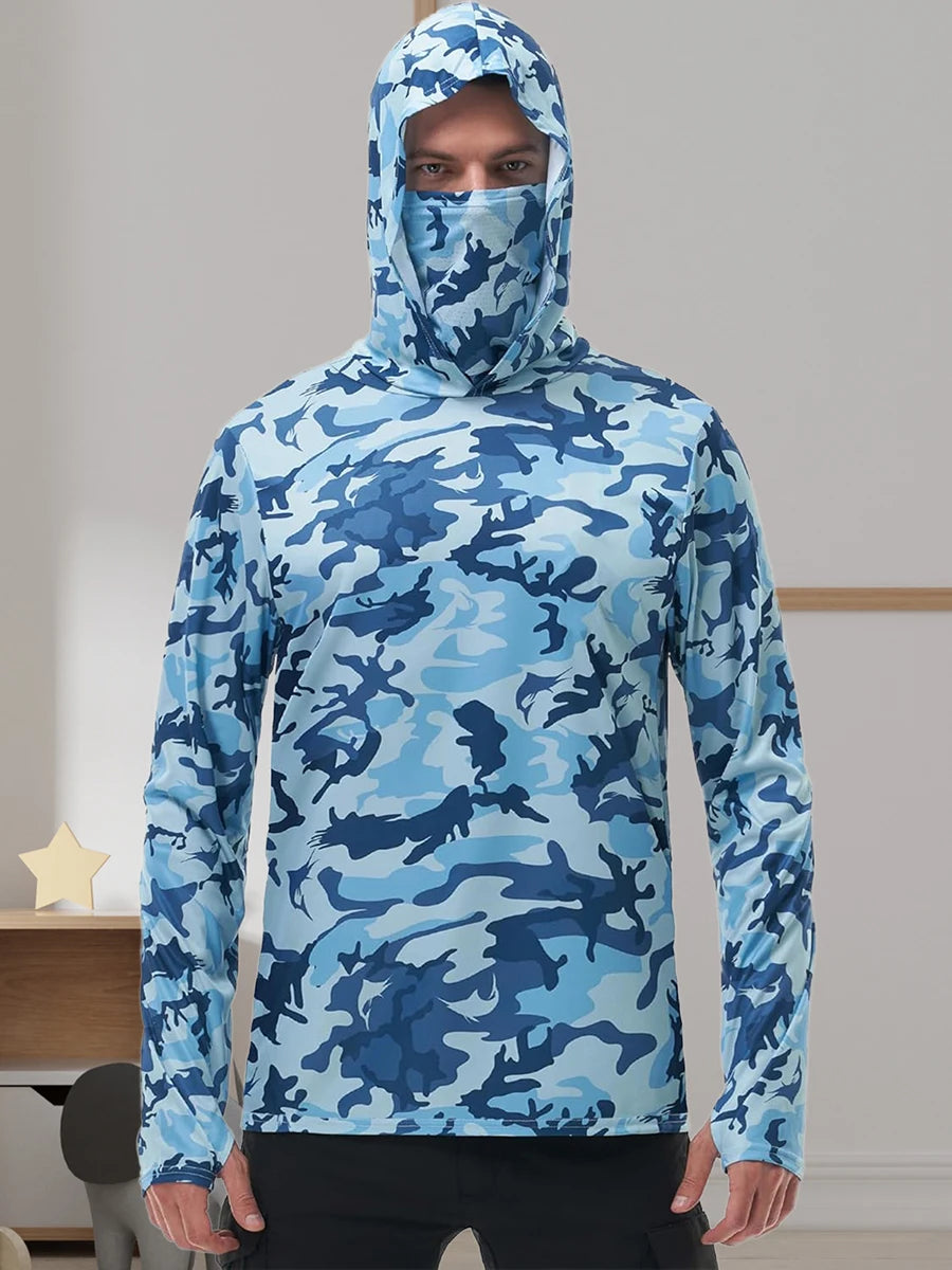 Men s Fishing Shirt Camo Print Hoodie, Built-in Face Mask Sun Protection, Hiking and Running