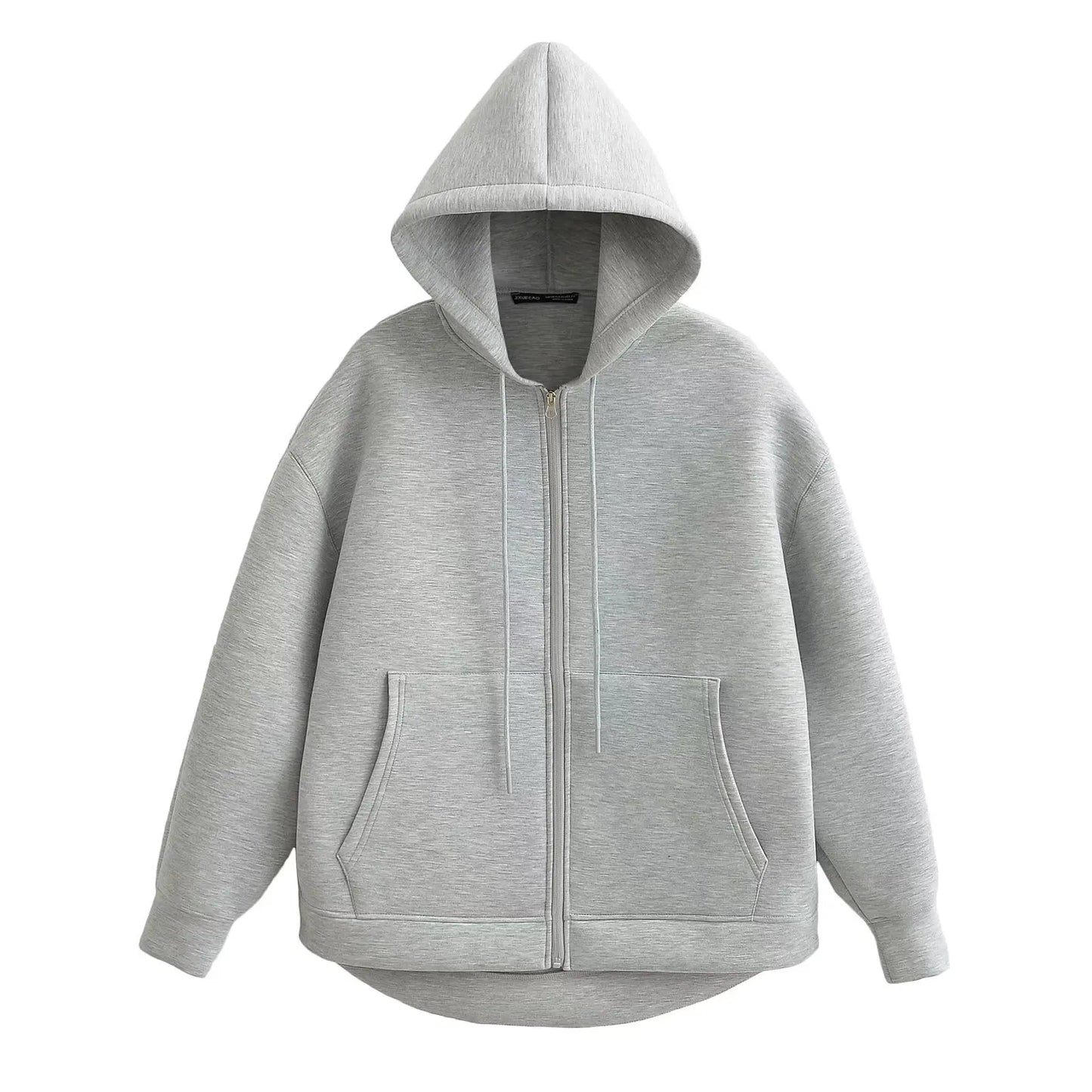 Autumn Women Gray Jacket, Hood Long Sleeve Big Pocket Zipper Woman Loose Casual Outerwear Coat Tops