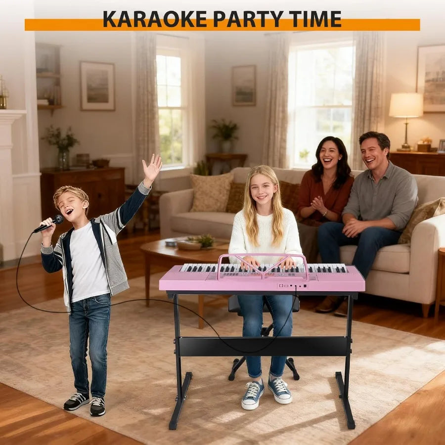 Portable61Key Elect Keyboard Piano,Stand,LED Disp.Adjust-Height Stand/Stool Include Headph Microphon