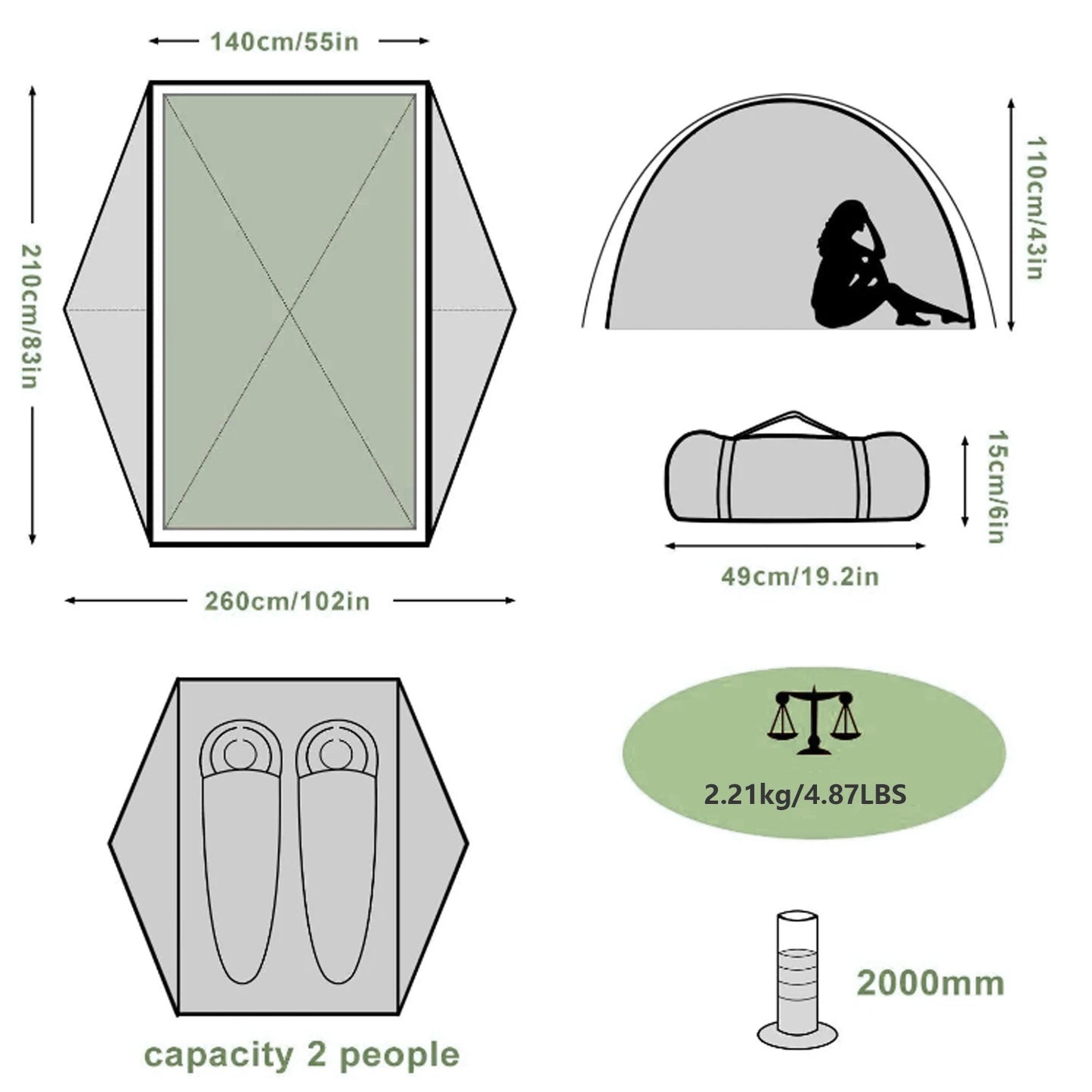 Light Camping Tent 2 Person Double Layer Waterproof Portable Easy to Set up Tent for Hiking