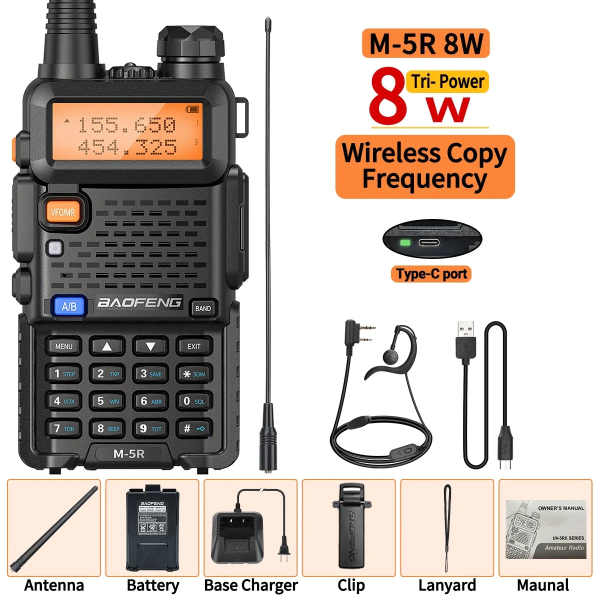 2PCS M-5R 8W Walkie Talkie Multi Band Type-C Wireless Copy Frequency AM Long Range UV-5R Two Way Ham