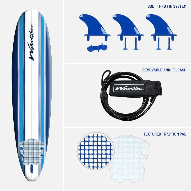 8ft Classic Surfboard // Foam Wax Free Soft Top Longboard, Adults and Kids