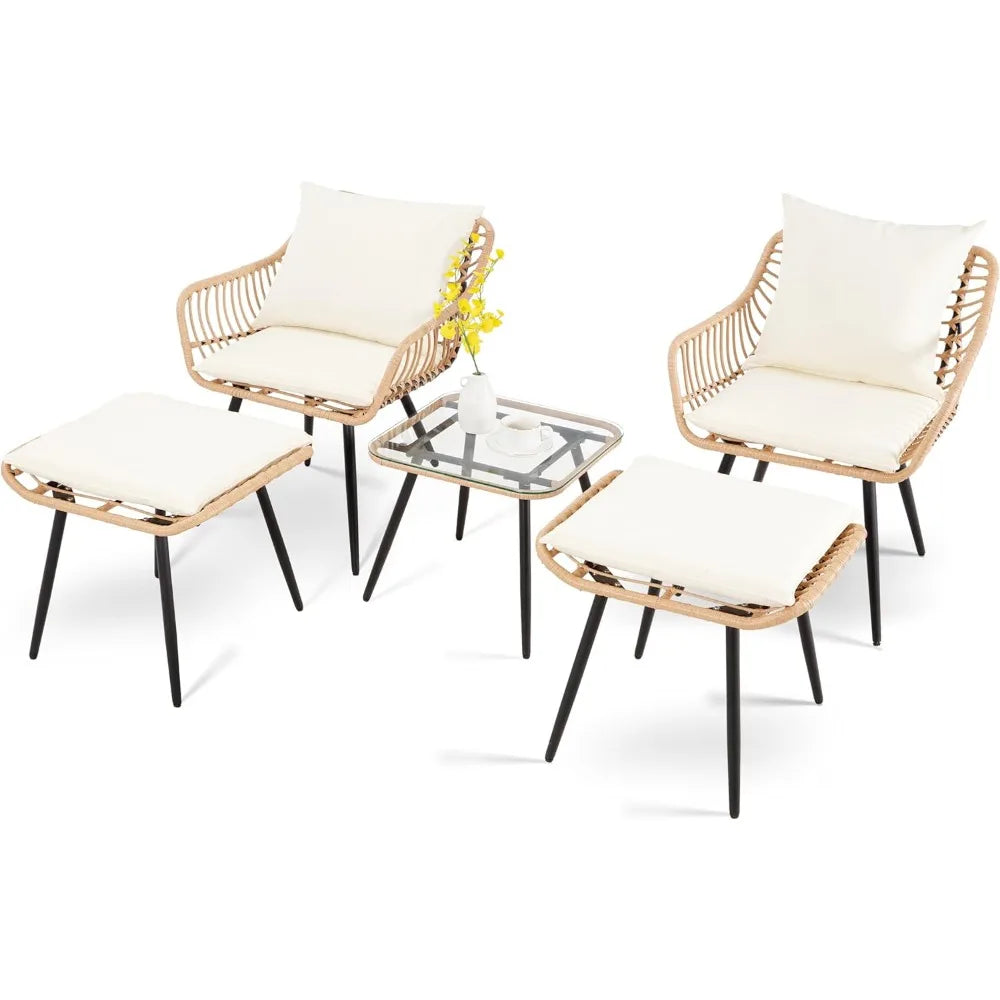 5 Piece Patio Bistro Set, Ottoman, Outdoor Wicker Balcony Rattan Table and Chairs Set of 2
