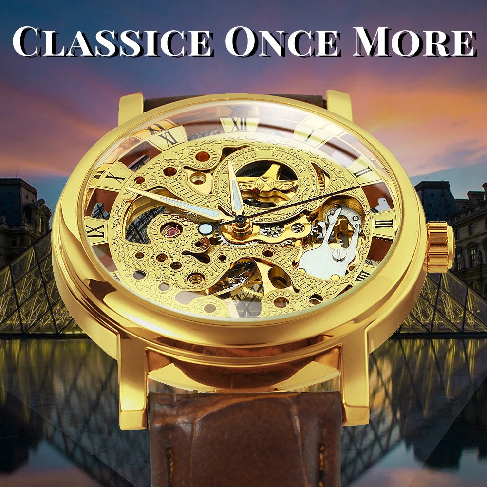 WINNER Classic Skeleton Mechanical Watch Luminous Hands Leather Strap Top Brand Luxury Wristwatch