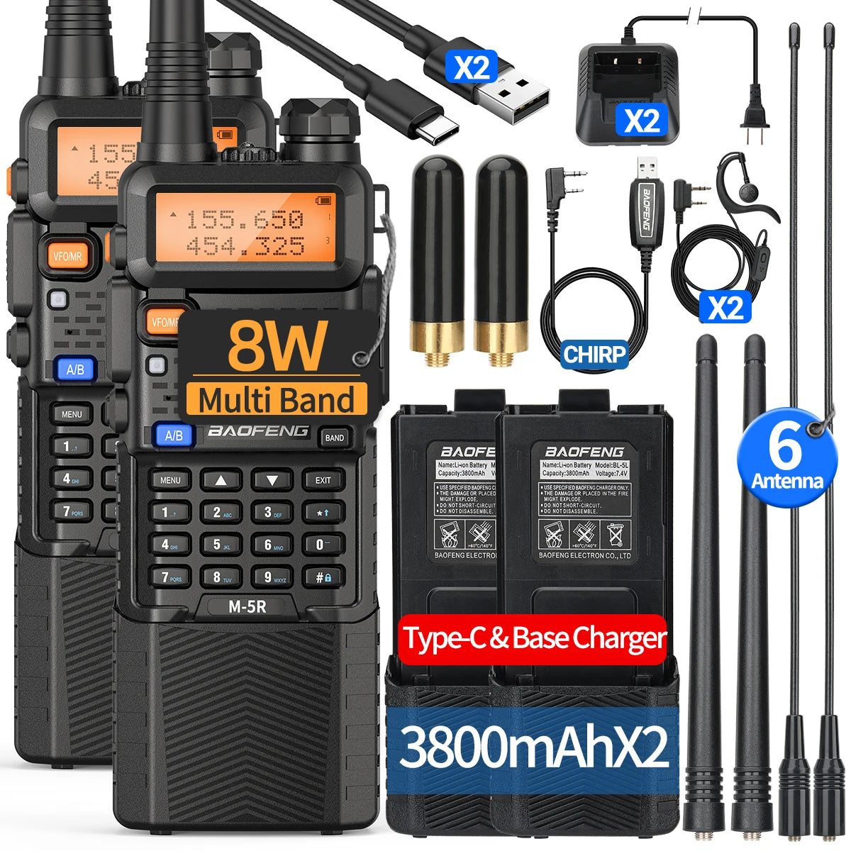 2X BAOFENG M-5R 8W Walkie Talkie 3800mAh Battery Multi Band AM Type-C USB Copy Upgraded