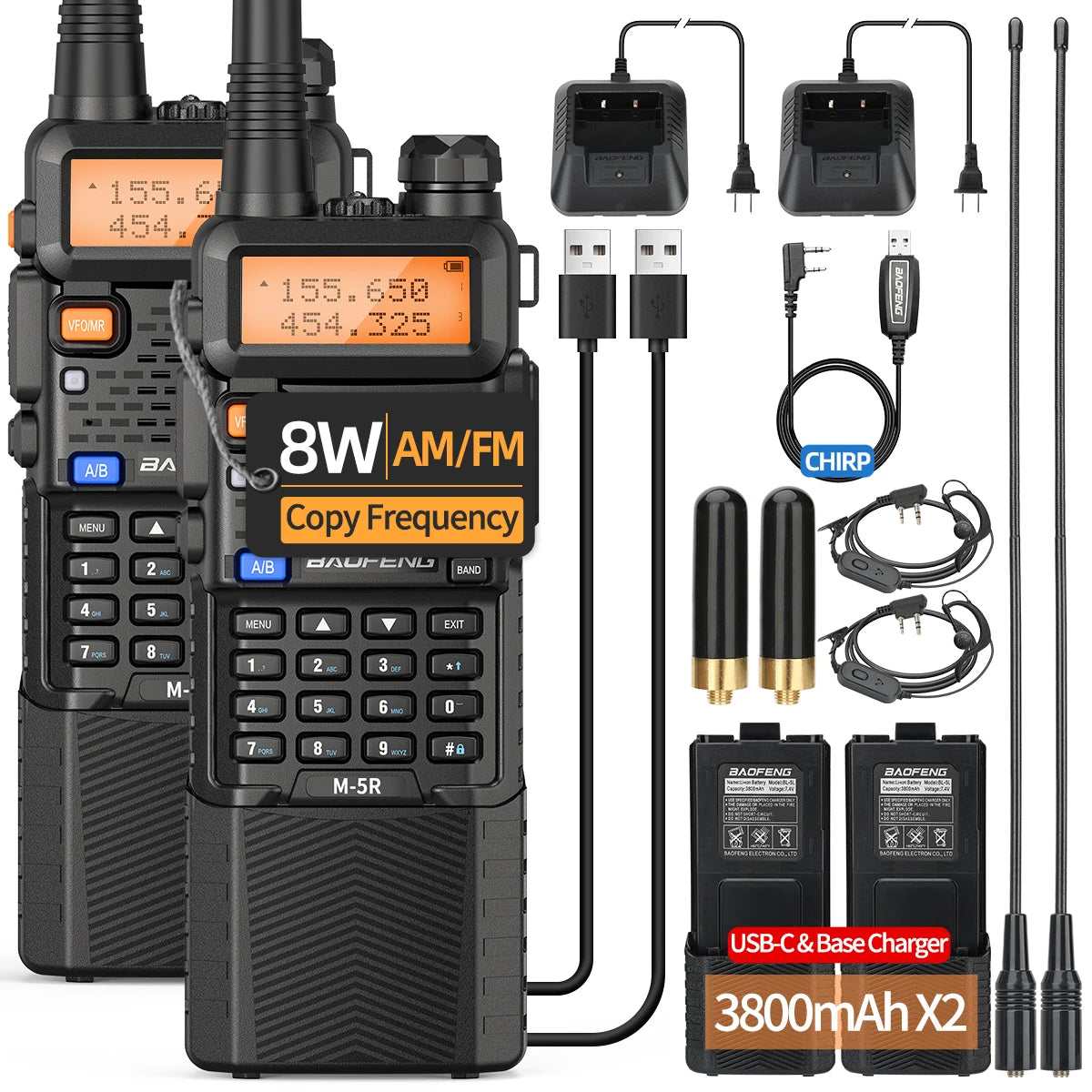 2X BAOFENG M-5R 8W Walkie Talkie 3800mAh Battery Multi Band AM Type-C USB Copy Upgraded