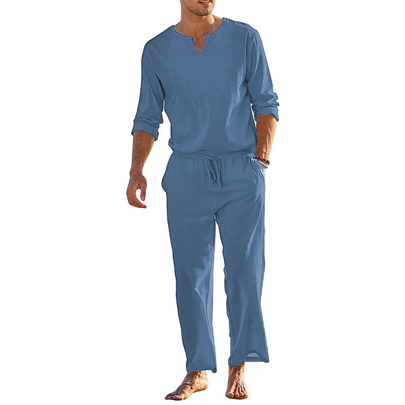 Cotton Linen Solid Color Long Sleeve Henley Shirt Elastic Waist Drawstring 2 Pieces Loungewear Set