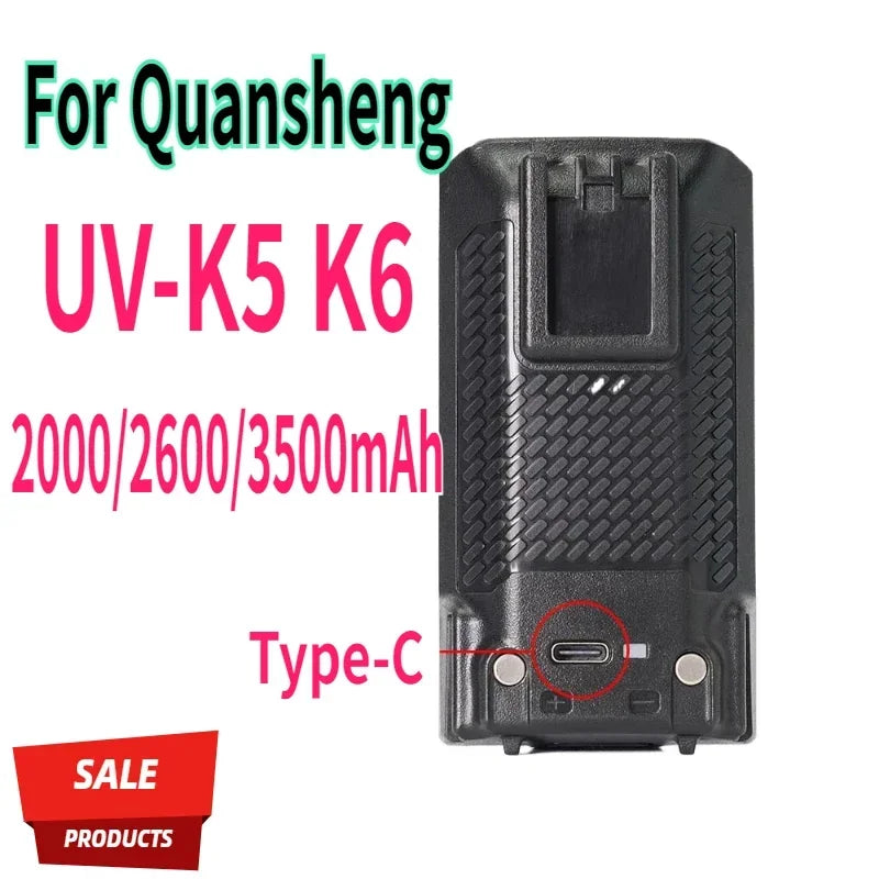 Quansheng UV-K5 K6 Walkie Battery 2000/2600/3500mAh Type-C Charge High Capacity Radio Rechargable