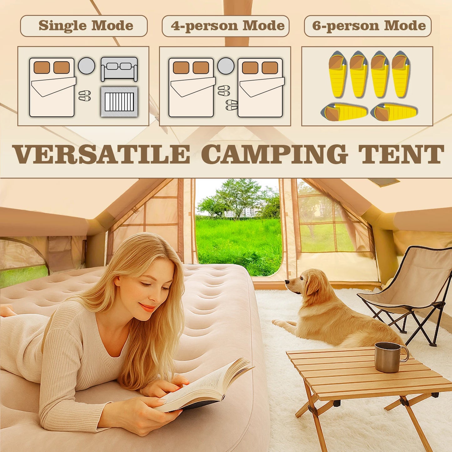 9.8' x 7' Inflatable Camping Tent,4 Season Blow up 4-6 Person Inflatable Tent with Jack Stove