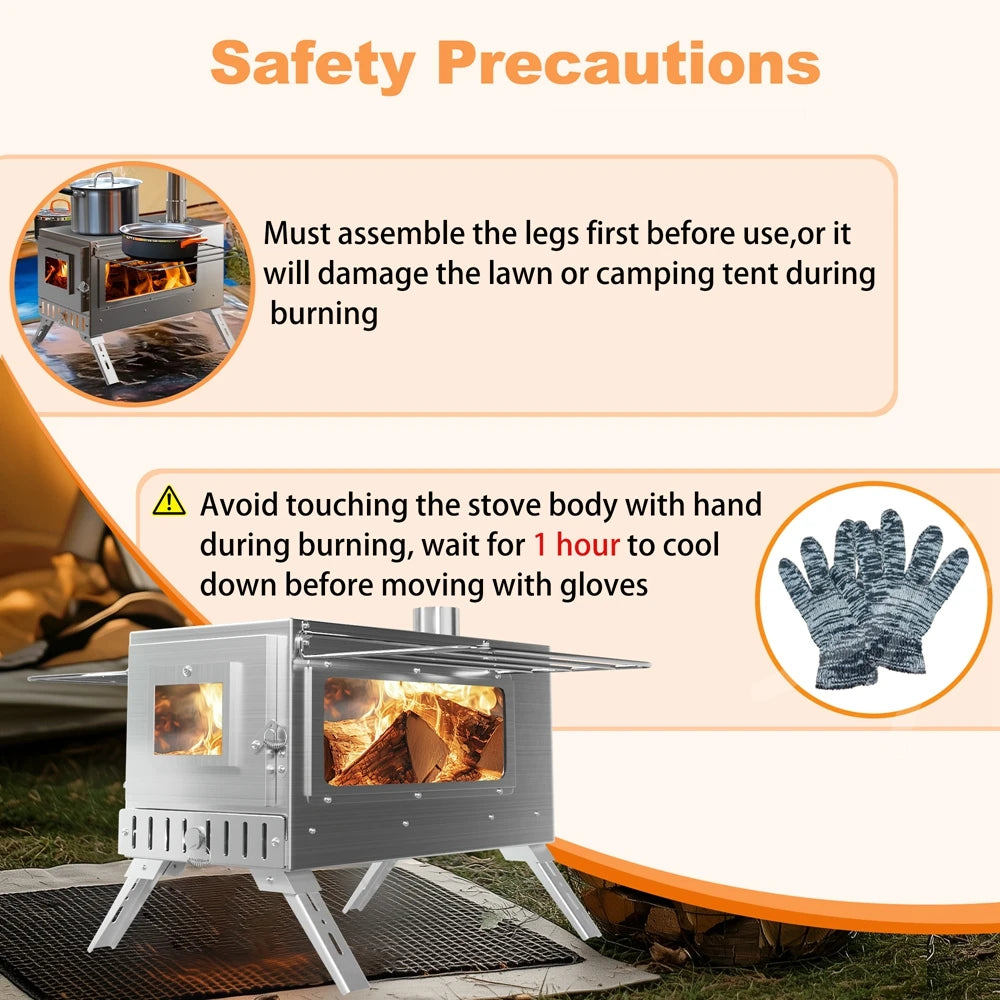 Portable Camping Wood Burning Stove Stainless Steel Tent Stove,7 Chimney Pipes Outdoor Camp Heating
