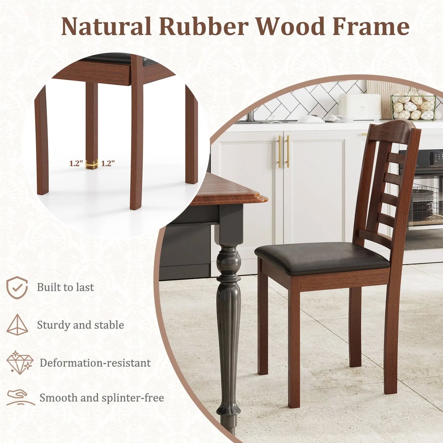 Dining Chair Set of 2 with Faux Leather Upholstered Seat & Rubber Wood Frame (no table)