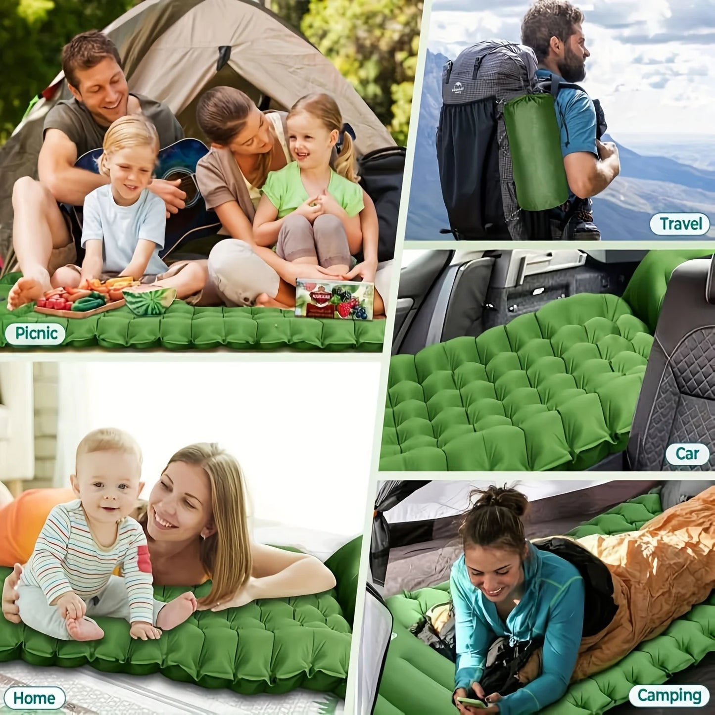 Outdoor camping super thick 4-inch inflatable sleeping mat, built-in pillow and pump