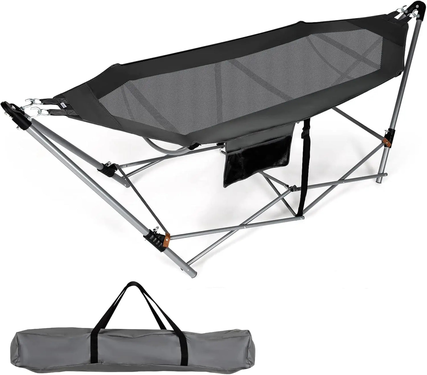 Portable Folding Lounge Camping Hammock w/Stand, Indoor & Outdoor w/Side Pocket, Anti-tip Buckles