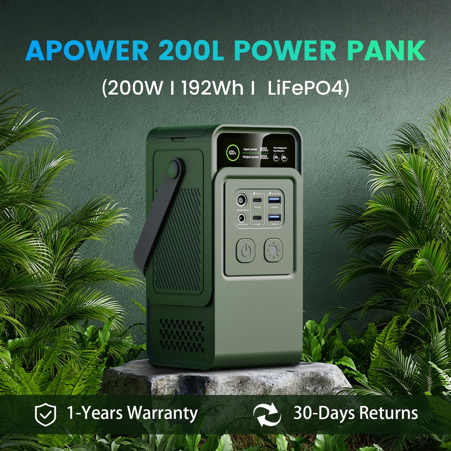 200W 192Wh DC Power Bank&100W Solar Panel Portable Power Station LiFePO4 Battery,