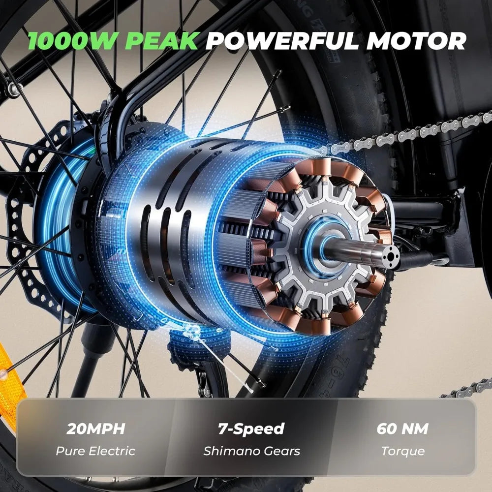 E- Bike for Adults, 20 mph Cargo 1000W Peak, 55 Miles Range, 48V 10.4Ah - Hot Sale