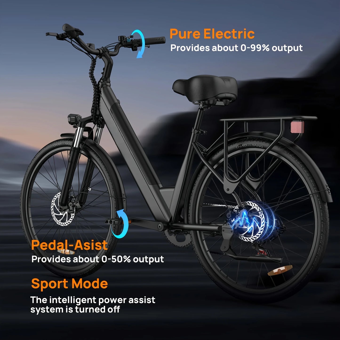 750W E26 Electric Bike 26x2" Commuter Tires 48V 10.4Ah Removable 20MPH Speed 7-Speeds LCD Display