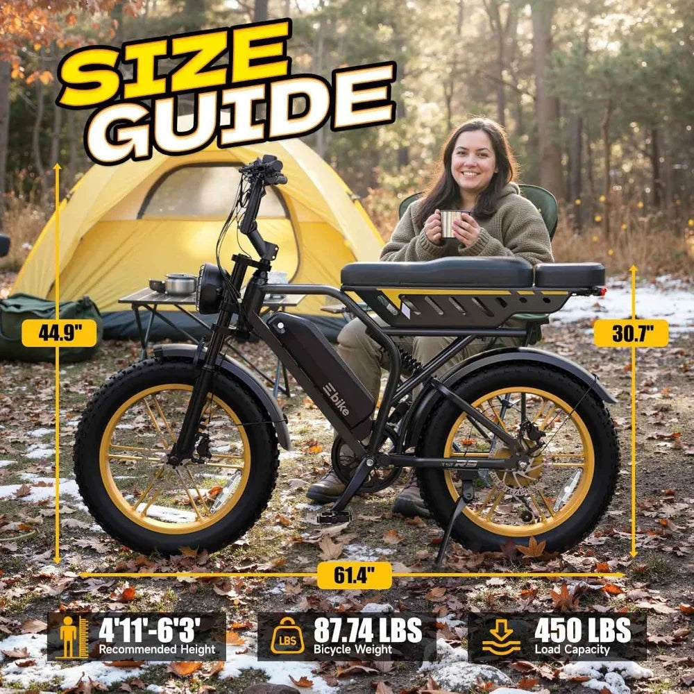 E-Bike Adults 1500W Peak 20" Fat Tire All-Terrain 60/130 Miles 28 MPH Dirt Bike - 48V 15/30 AH