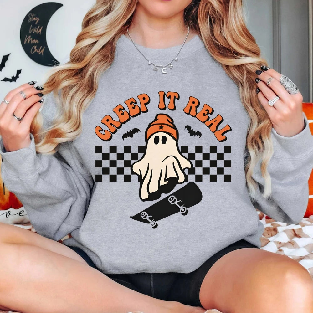 Retro Halloween Creep It Real Sweatshirts Ghost Skateboarding Graphic Sweater Top Fall Winter