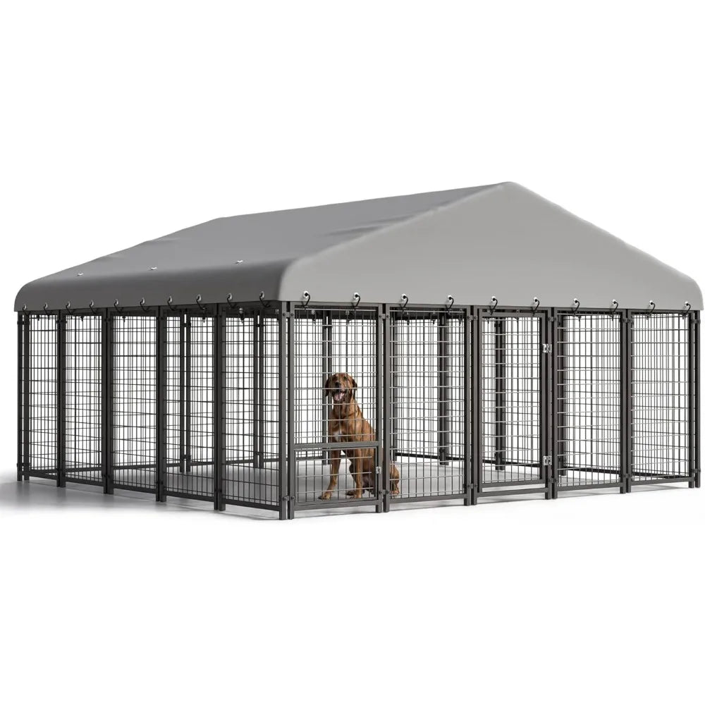 Dog Kennel 10X10FT Outside Heavy-Duty Outdoor Dog, Roof, Lock - Spacious, 4 Pets with Feeding