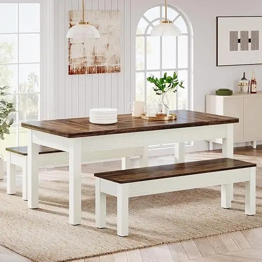 farmhouse table set, 4-6, 55-inch wooden table;benches, space saving 3 pieces heavy duty-indoor