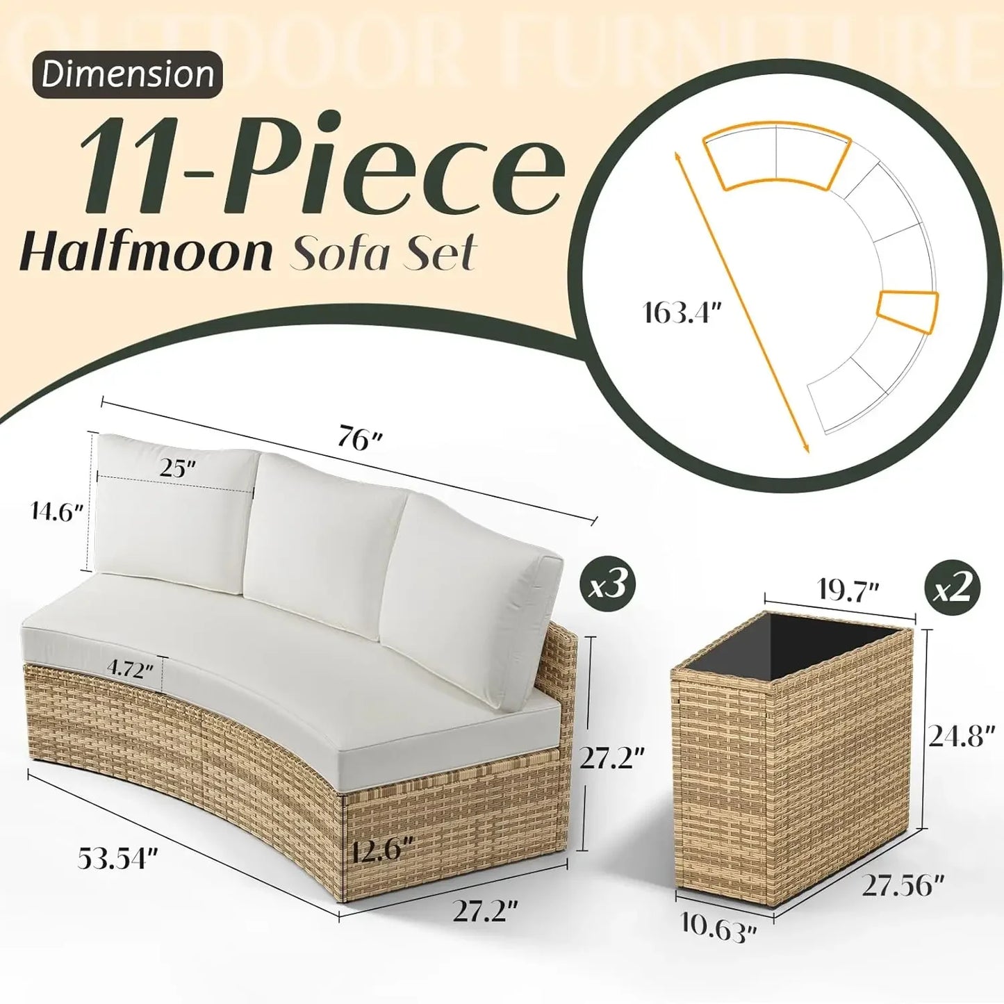 Patio Set,11 Piece Half-Moon Sectional Round Patio Furniture Set,Storage Wedge Table,for Backyard