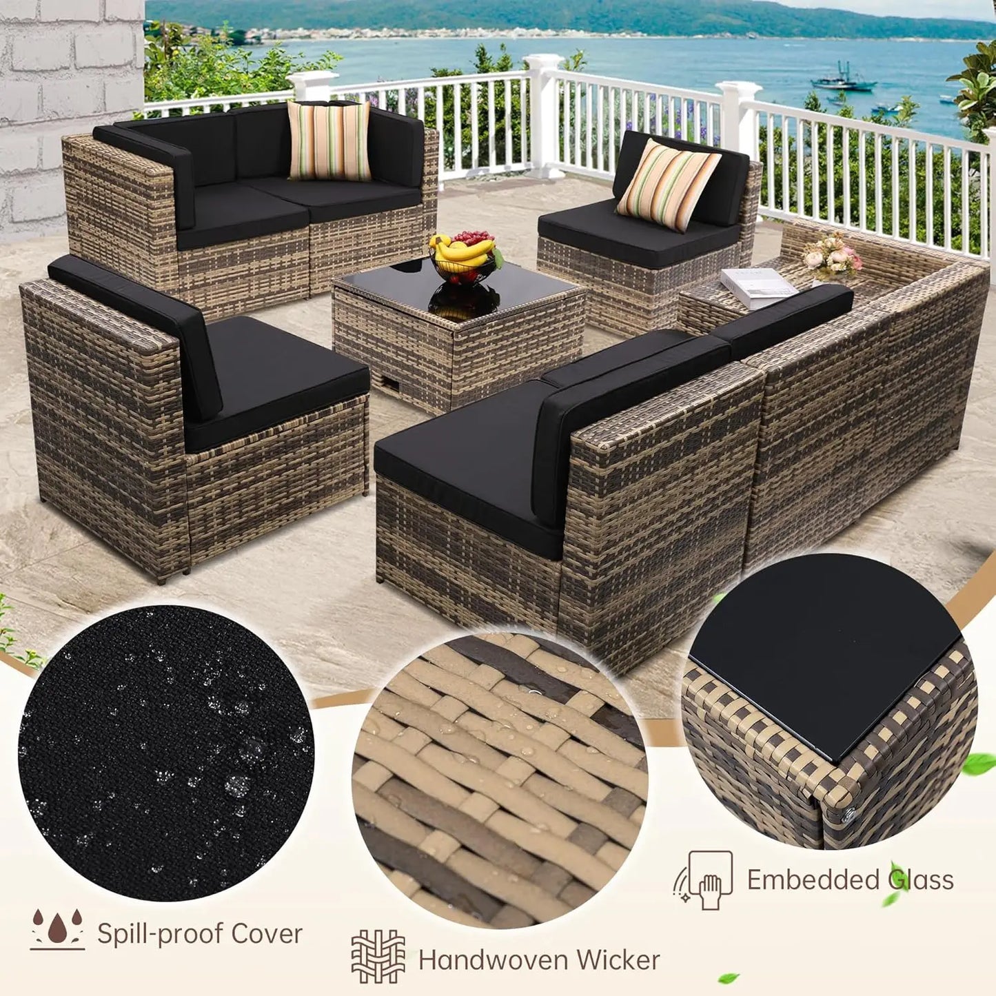 8 Pieces Outdoor Wicker Rattan Set, Glass Top Table with Hidden Storage, 7 Sofa Sections.