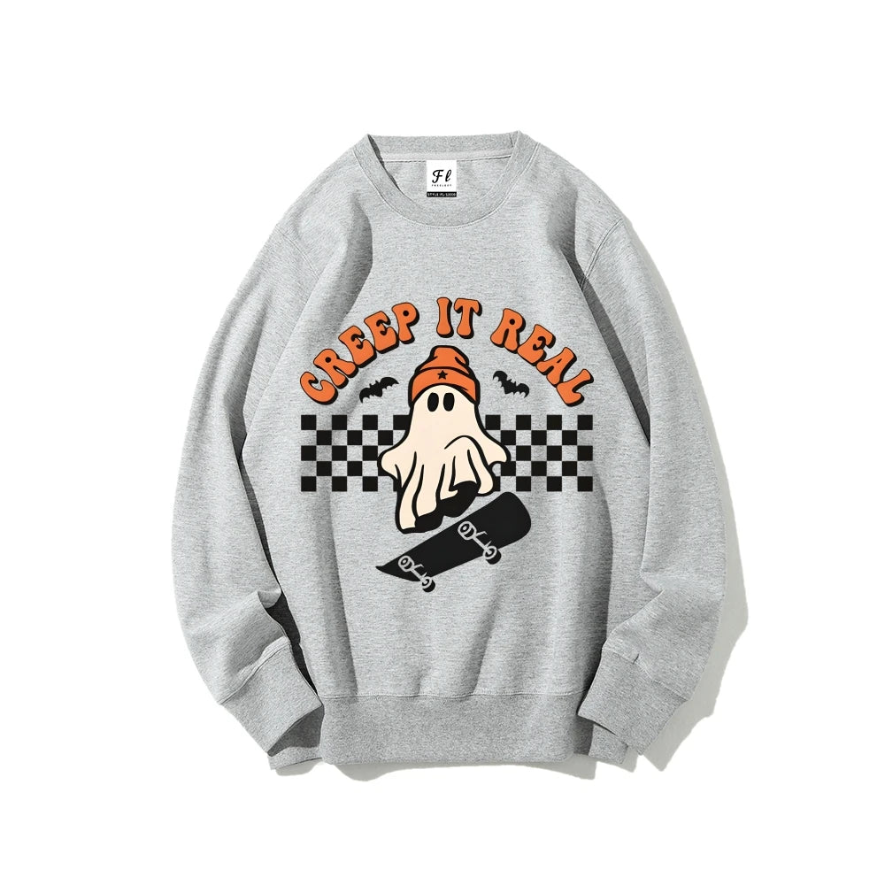 Retro Halloween Creep It Real Sweatshirts Ghost Skateboarding Graphic Sweater Top Fall Winter