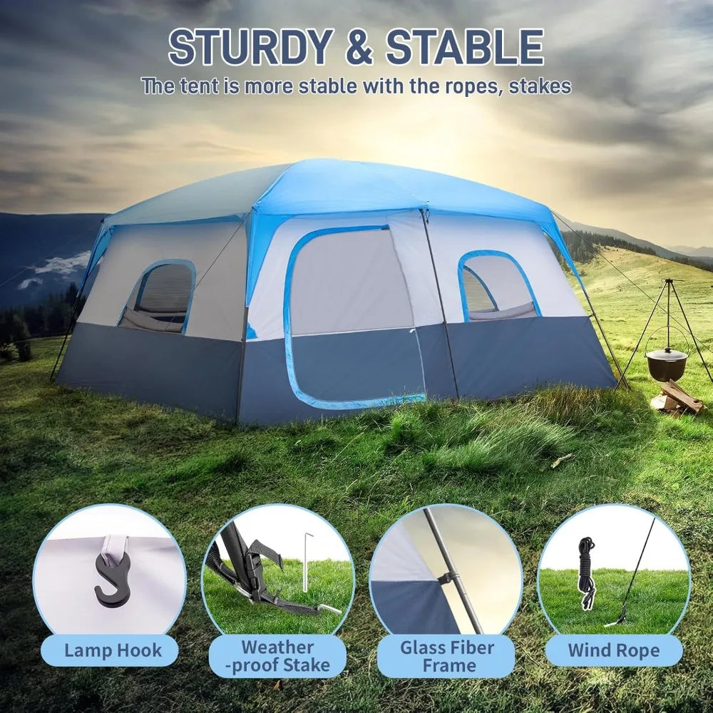 8/10 Person Camping Tent, Large 2 Room, Weatherproof Instant Cabin, Rainfly & Carry Bag for Backpack