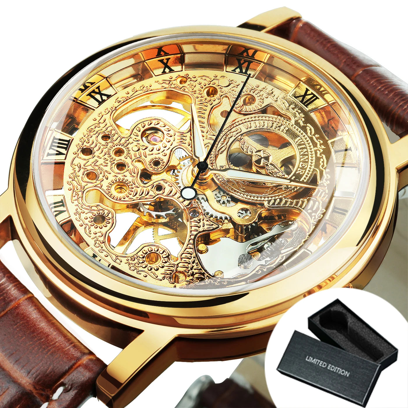 WINNER Classic Skeleton Mechanical Watch Luminous Hands Leather Strap Top Brand Luxury Wristwatch