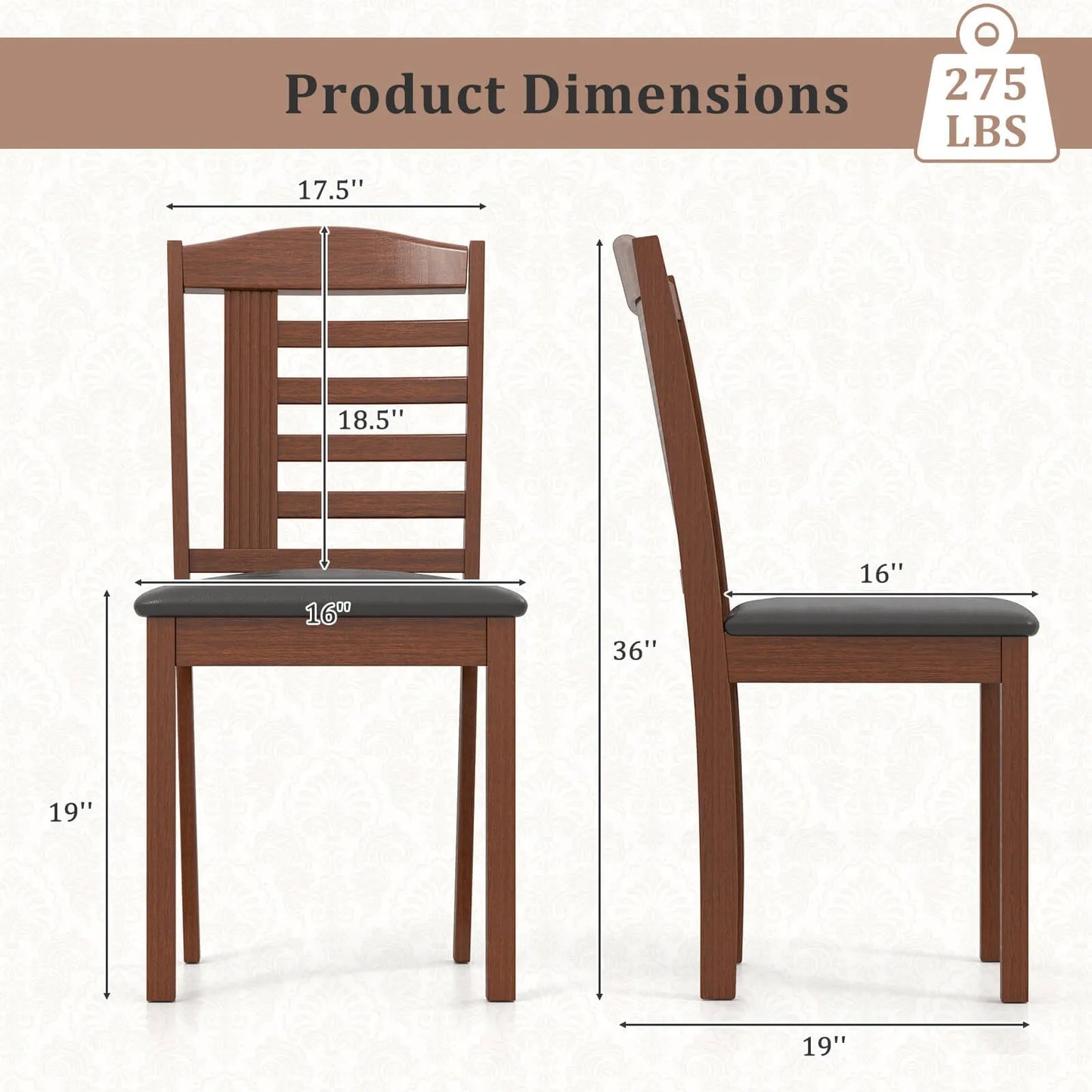 Dining Chair Set of 2 with Faux Leather Upholstered Seat & Rubber Wood Frame (no table)