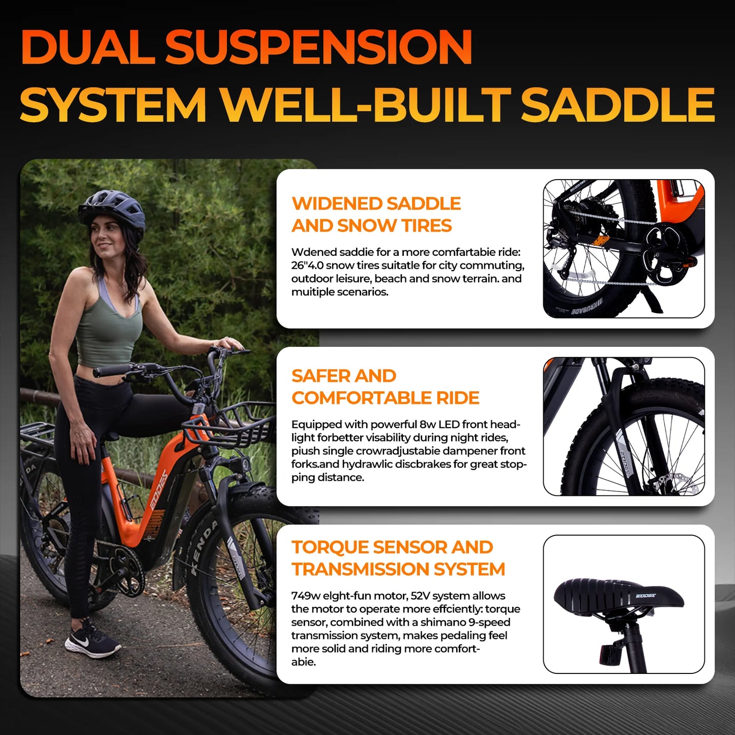 750W off-road E-bike 52V 17Ah 26 inch 4.0 fat tire, USB port, Bluetooth APP LCD screen 9-speed