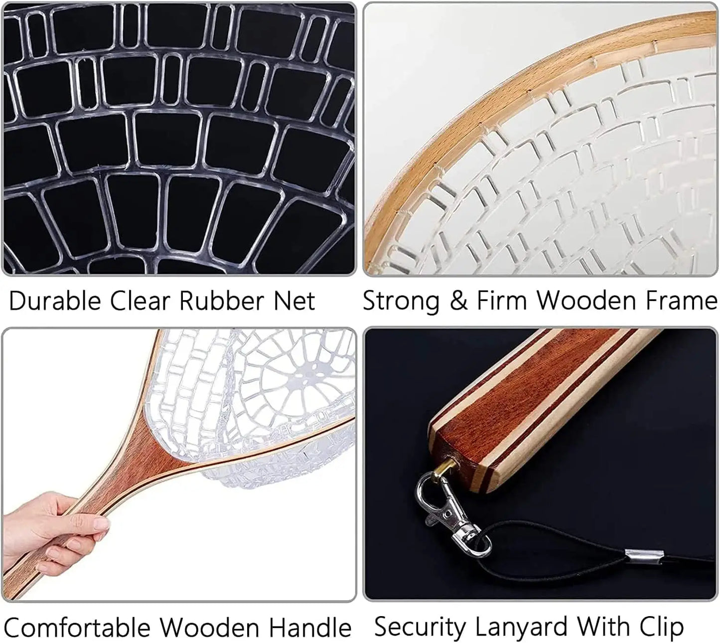 Fly Fishing Landing Net Trout Bass Catch Quick Release Transparent Net Wooden Handle Frame