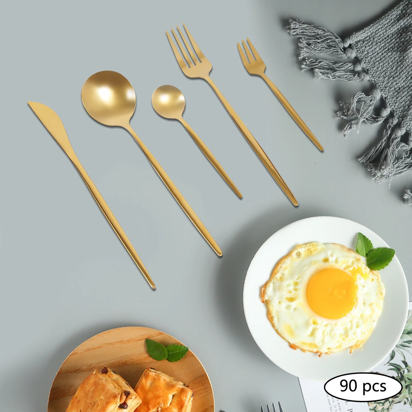 90 Pcs Gold Flatware Set Stainless Steel Utensil Kitchen Tableware Forks Knives Spoons Cutlery