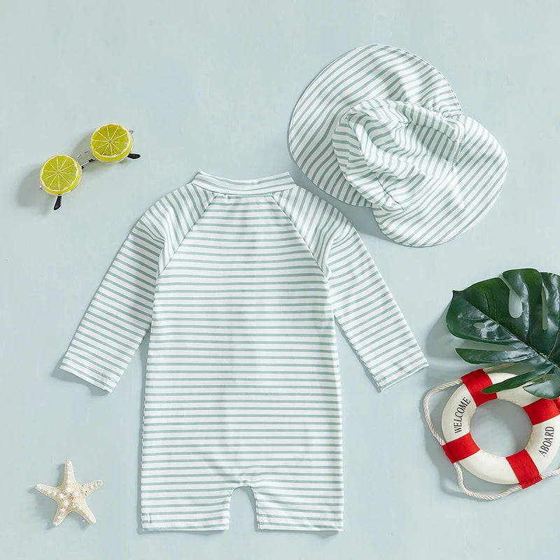 Infant Boys Girls Sun Protection Swimwear Set,Hat 2 Piece UV Rash Guard Zip Long Sleeve Crew Neck