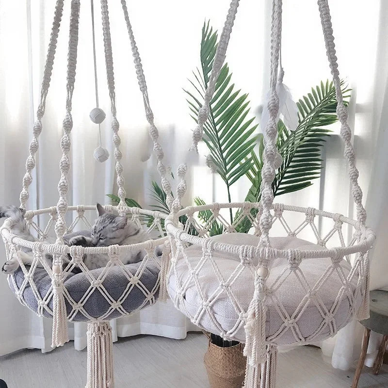 New Pet Hammock Cat Swing Hand Woven Cotton Rope Cats Hanging Basket Indoor Nest