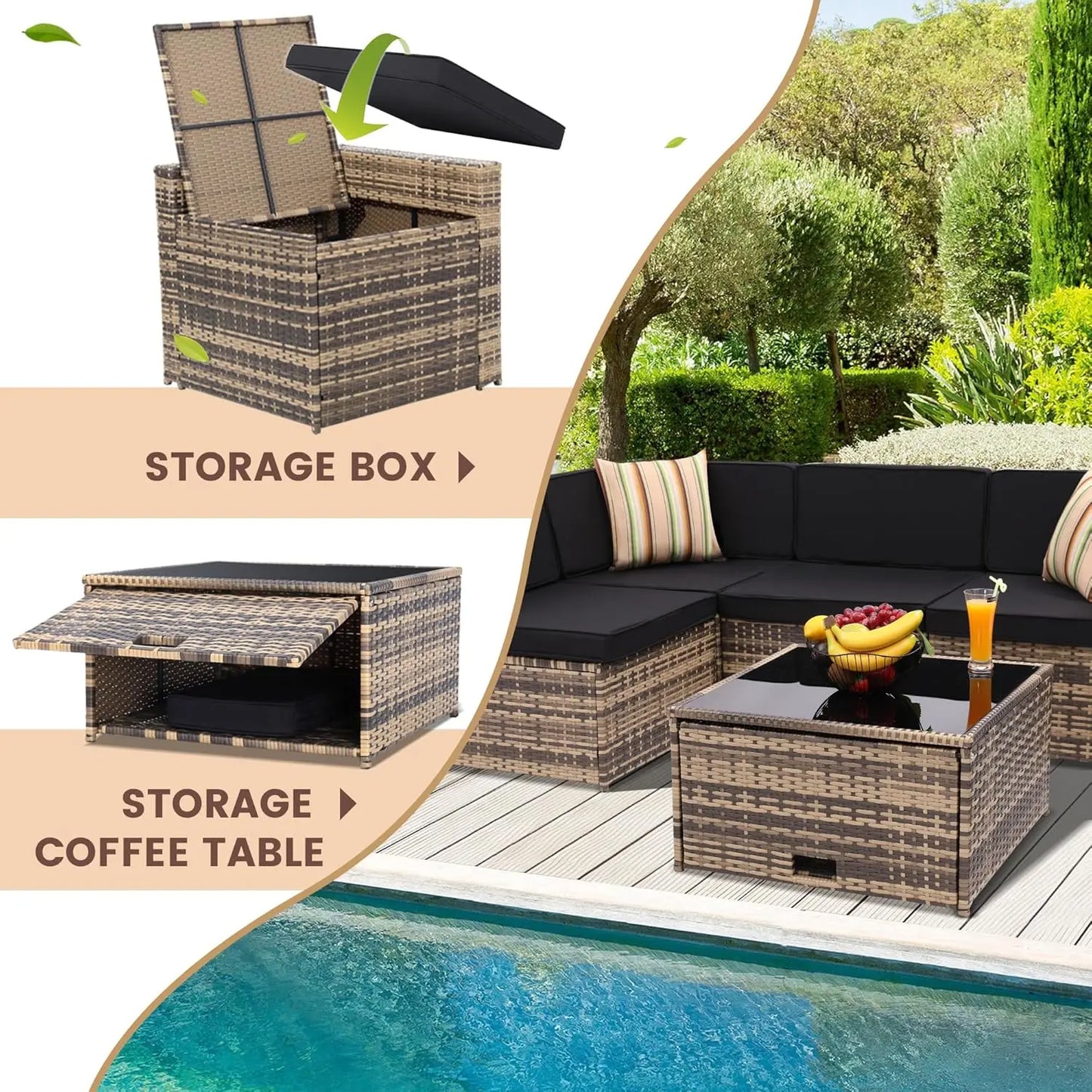 8 Pieces Outdoor Wicker Rattan Set, Glass Top Table with Hidden Storage, 7 Sofa Sections.