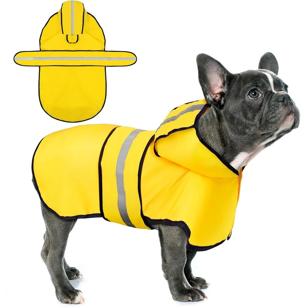 Dog Raincoat Waterproof Hooded, Reflective Stripes Leash Hole Adjustable Fit Lightweight Durable